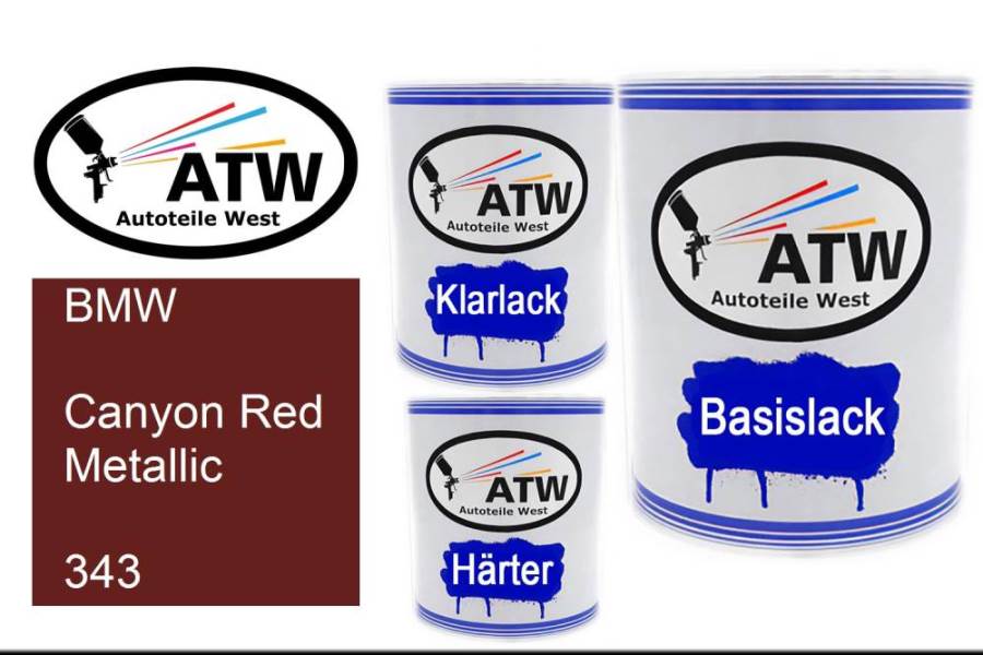 BMW, Canyon Red Metallic, 343: 1L Lackdose + 1L Klarlack + 500ml Härter - Set, von ATW Autoteile West.